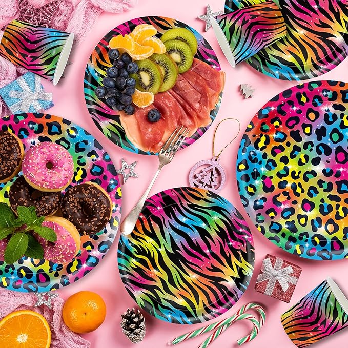 120pcs Neon Rainbow Leopard Birthday Party Supplies Sparkly Splatter Paper Tableware Set Include Leopard Plates Napkins Tiger Print Cups for Girls Neon Cheetah Birthday Party Decorations Serve 24