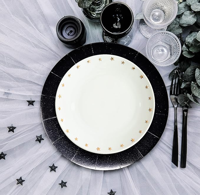 Gift Boutique 24 Pcs Black Round Disposable Charger Plates 13" Heavy Duty Dinner Serving Tray Paper Cardboard Platters for Table Setting Place Mats