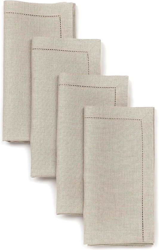 D'Moksha Homes Natural Linen Napkins Set of 4 - Classic Hemstitch 100% Pure Linen Hemstitch Dinner Napkins 20 x 20 Inch for Fall, Autumn and Halloween - Handcrafted and Machine Washable