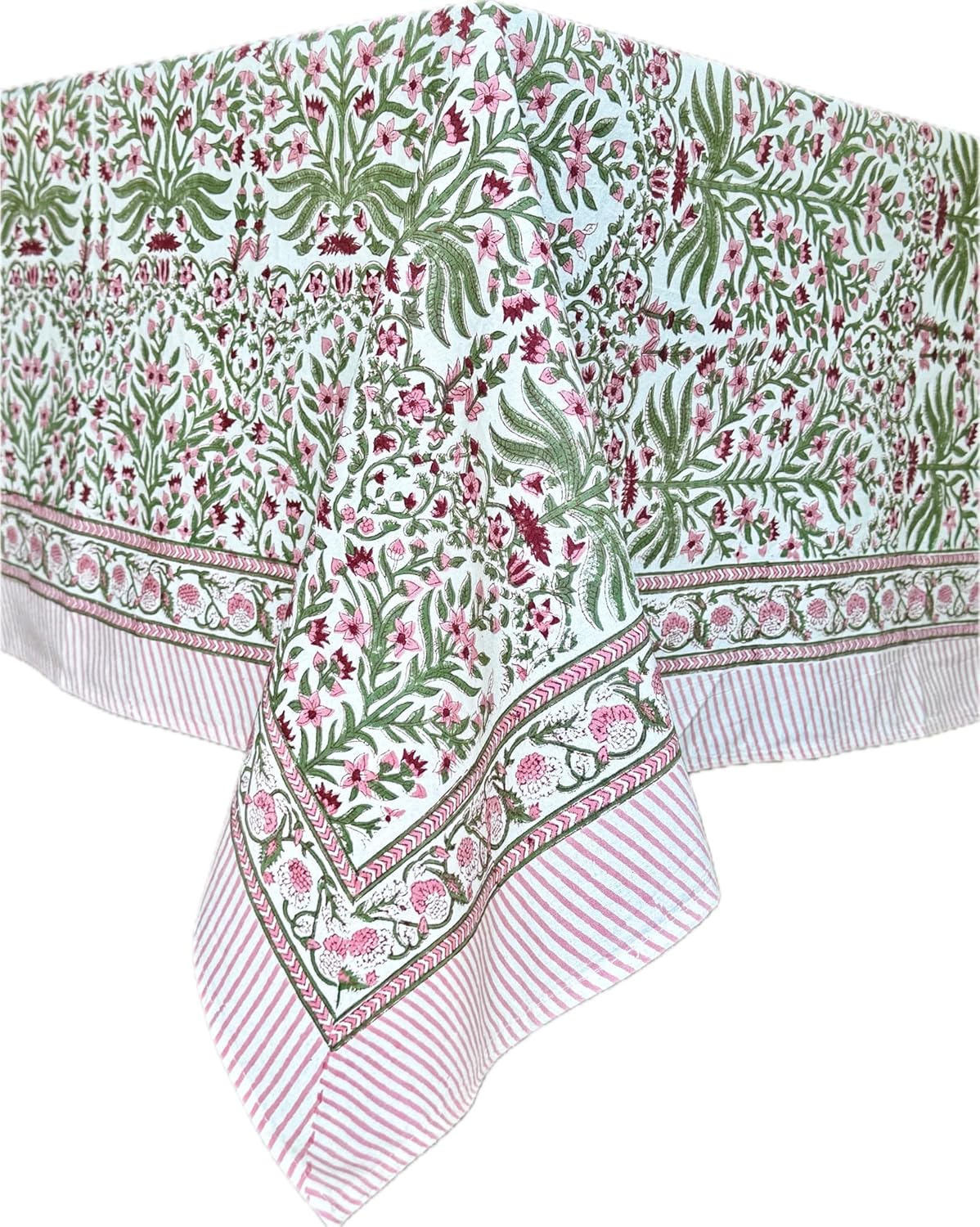 ATOSII Nargis Pink 100% Cotton Rectangle Spring Tablecloth, Handblock Floral Print Linen Table Cloth for Kitchen Dining I Parties, Outdoors, Weddings, Summer I 72 X 108 Inches I 8 Seater