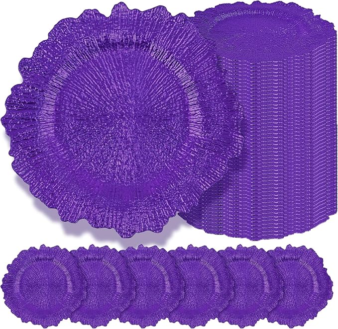 50 Pcs Purple Charger Plates Bulk 13 Inch Plastic Charger Plates for Dinner Plate, Purple Chargers for Table Setting, Reef Design Plate Floral Decorative Round Chargers for Wedding Party Event