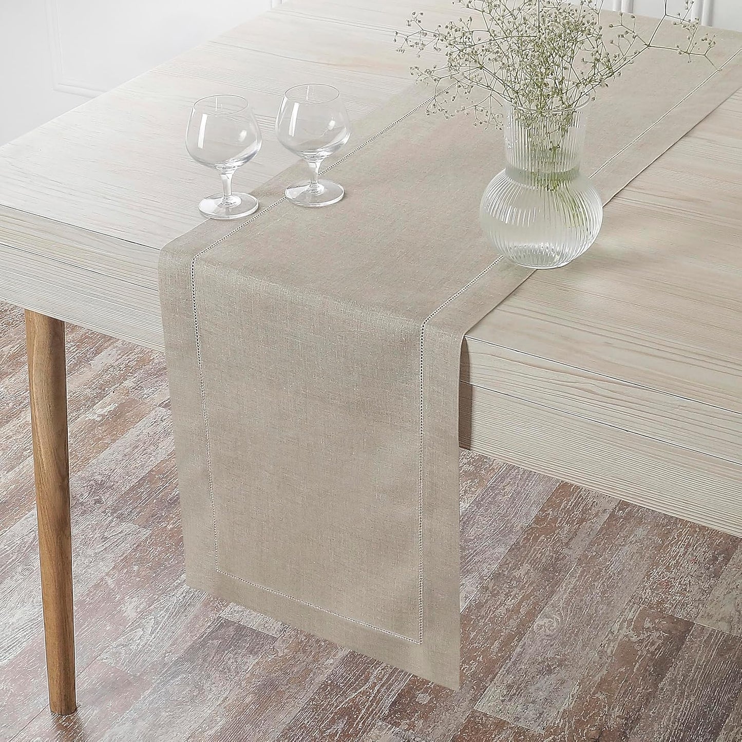 D'Moksha Homes Linen Natural Table Runner 132 Inches Long - 100% Pure Linen Extra Long Table Runner 14 x 132 Inch for Fall, Autumn and Halloween - Classic Hemstitch