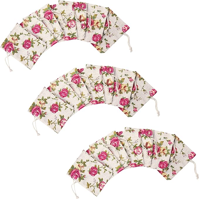 Mandala Crafts 5X7 Inch Rose Burlap Drawstring Gift Bags for Favors - 50 Small Floral Linen Sacks Gift Pouches for Candy, Coffee, Jewelry, Wedding, and Party Supplies