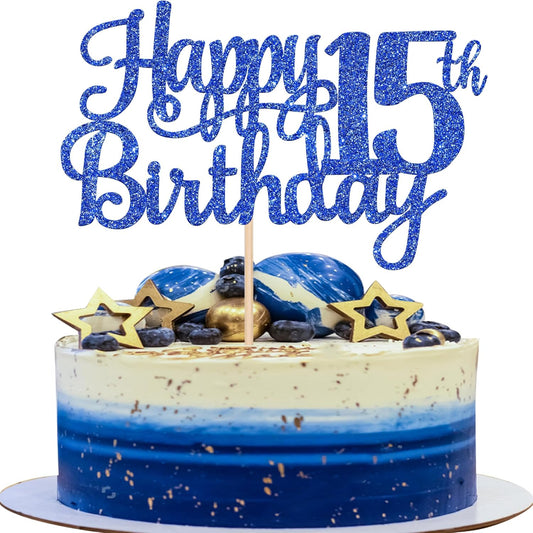 1 PCS Happy 15th Birthday Cake Topper Glitter Cheers to 15 Years Birthday Cake Pick Mis Quince 15 Fabulous Cake Decoration for Happy 15th Birthday Theme Party Decorations Supplies Blue