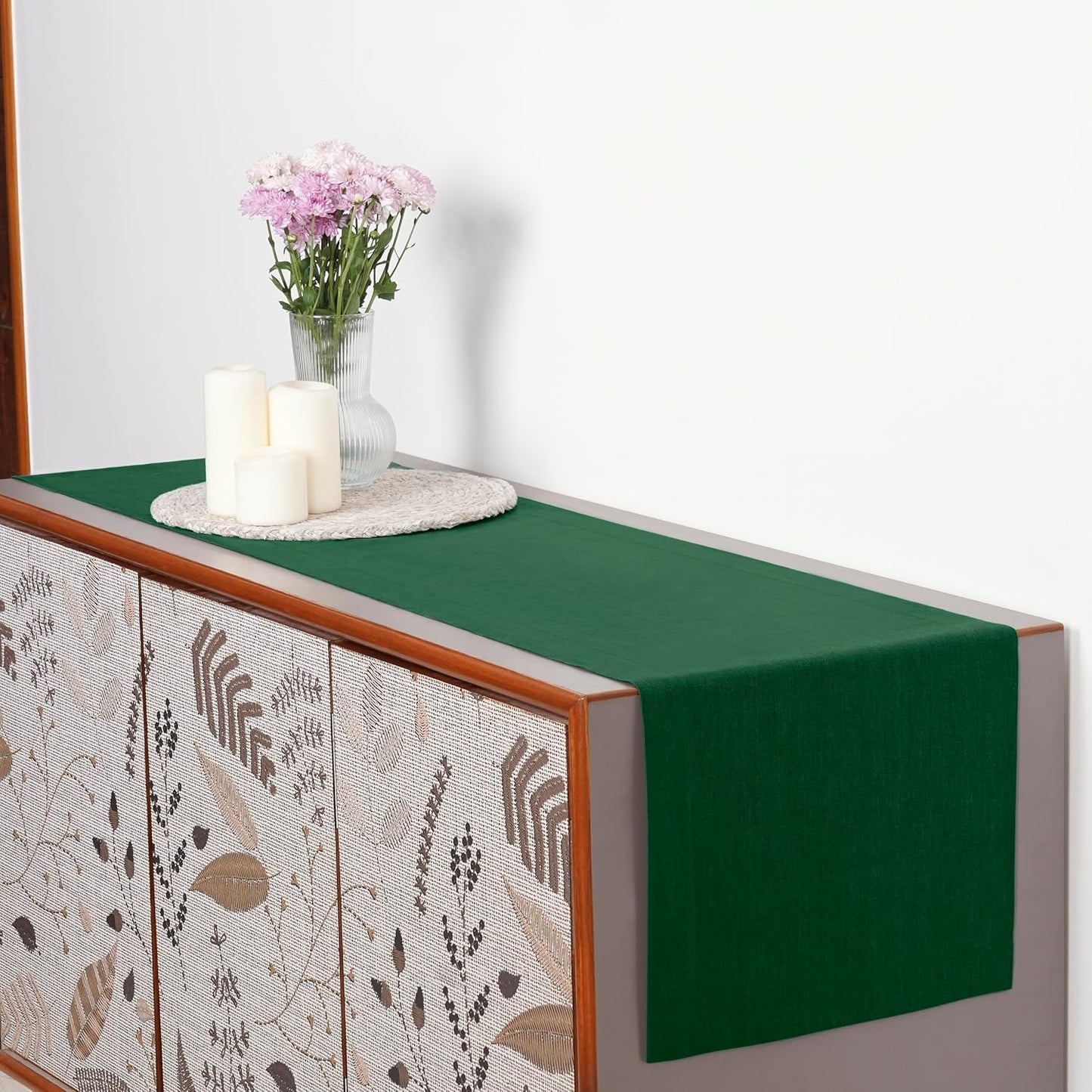 D'Moksha Homes Linen Table Runner 60 Inches - 100% Pure Linen Forest Green Table Runner 14 x 60 Inch for Coffee Tables, Dresser, Fall, Autumn and Halloween - Machine Washable