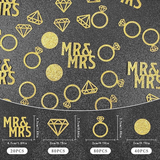 220 Pieces Gold Wedding Table Confetti, Paper Mr and Mrs Gold Diamond Ring Circle Dots Diamond Glitter Confetti for Marriage Ceremony Anniversary Valentine