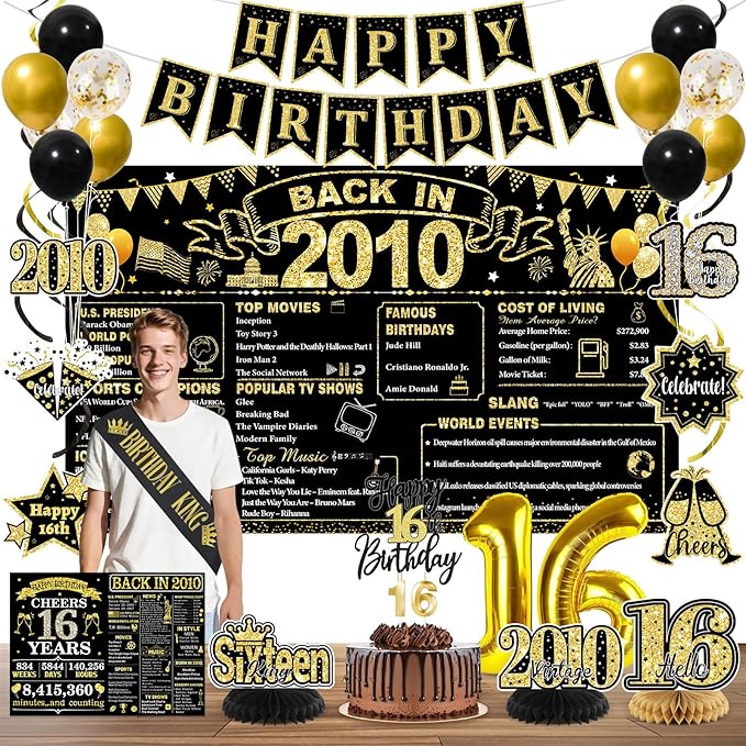 16th Birthday Decorations for Boys, Black Gold Back in 2010 Party Supplies Kit with Banner, Backdrop, Balloons, Cake Topper & Sash, 16 Year Old Birthday Party Decor Boy