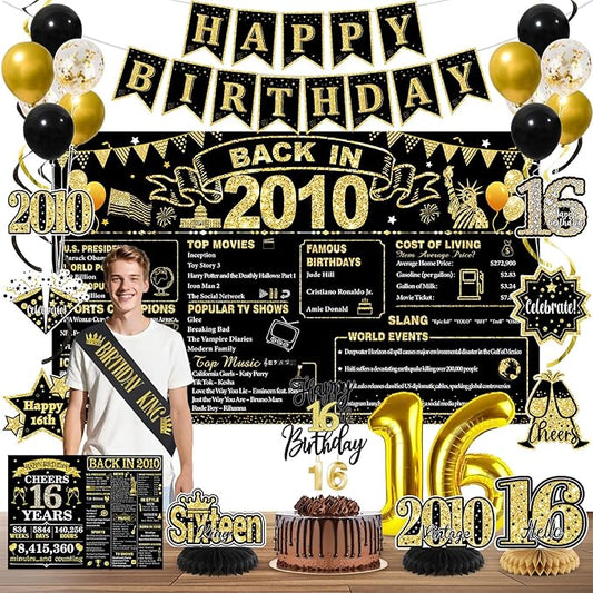 16th Birthday Decorations for Boys, Black Gold Back in 2010 Party Supplies Kit with Banner, Backdrop, Balloons, Cake Topper & Sash, 16 Year Old Birthday Party Decor Boy