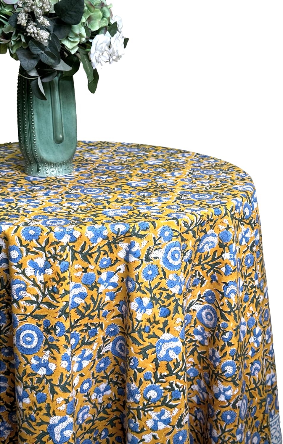 ATOSII Marigold Blue100% Cotton Round Tablecloth, Block Print Floral Table Cloth for Dining, Parties, Weddings, Outdoors, Holidays I 60 Inches I Grandmillennial Farmhouse Spring Summer Boho