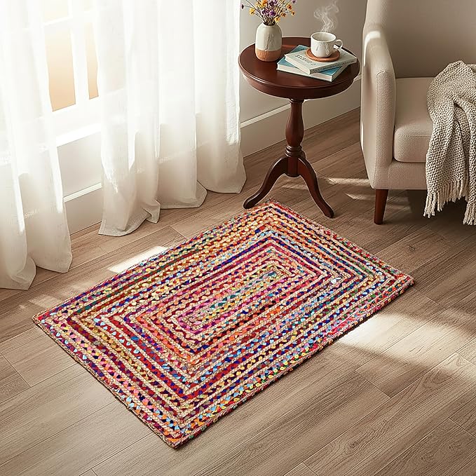 Ramanta Home Jute Chindi Braided Rug Boho 24x36 Inch Natural Multi Farmhouse Burlap Small Patio Rugs Ideal for Bedroom, Living Room, Entrance, Indoor| Bohomeain Acent Carpet Door Mat for Home Decor