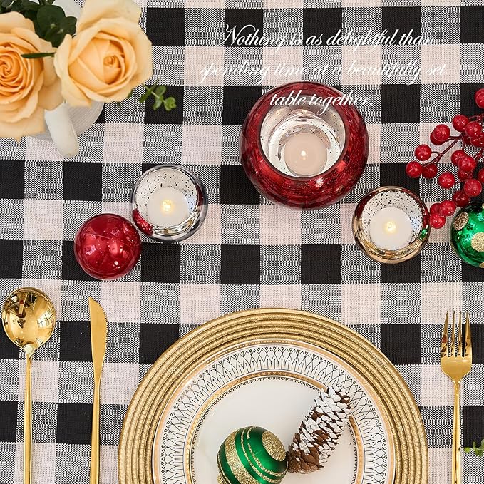 Table Cloth Rectangle Table-Rustic Gingham Tablecloth Buffalo Plaid Table Cloth for Thanksgiving Christmas Kitchen Dining Room (55x102 Inch,Black and White)