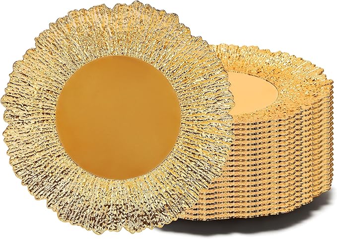24-Unit Gold Charger Plates Collection, 13 Inch Round Plastic Chargers for Formal Dinner Weddings Banquets Party Events (Foral Gold, 24 PCS)