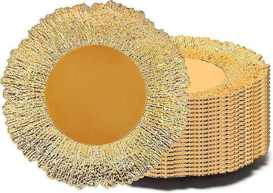 24-Unit Gold Charger Plates Collection, 13 Inch Round Plastic Chargers for Formal Dinner Weddings Banquets Party Events (Foral Gold, 24 PCS)