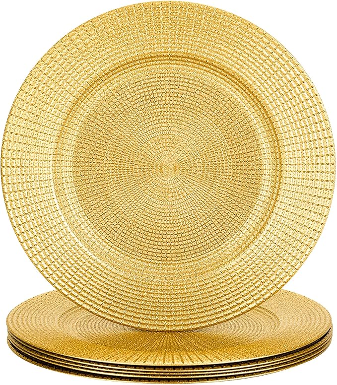 13" Glitter Gold Charger Plates, Shiny Square Grid Chargers for Dinner Plates, Glamour Table Setting Accessory Centerpiece Bluk Wedding, Event, Anniversary, Birthday, Baby Shower, Set of 6