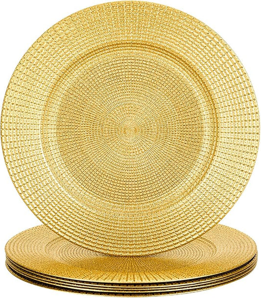 13" Glitter Gold Charger Plates, Shiny Square Grid Chargers for Dinner Plates, Glamour Table Setting Accessory Centerpiece Bluk Wedding, Event, Anniversary, Birthday, Baby Shower, Set of 6