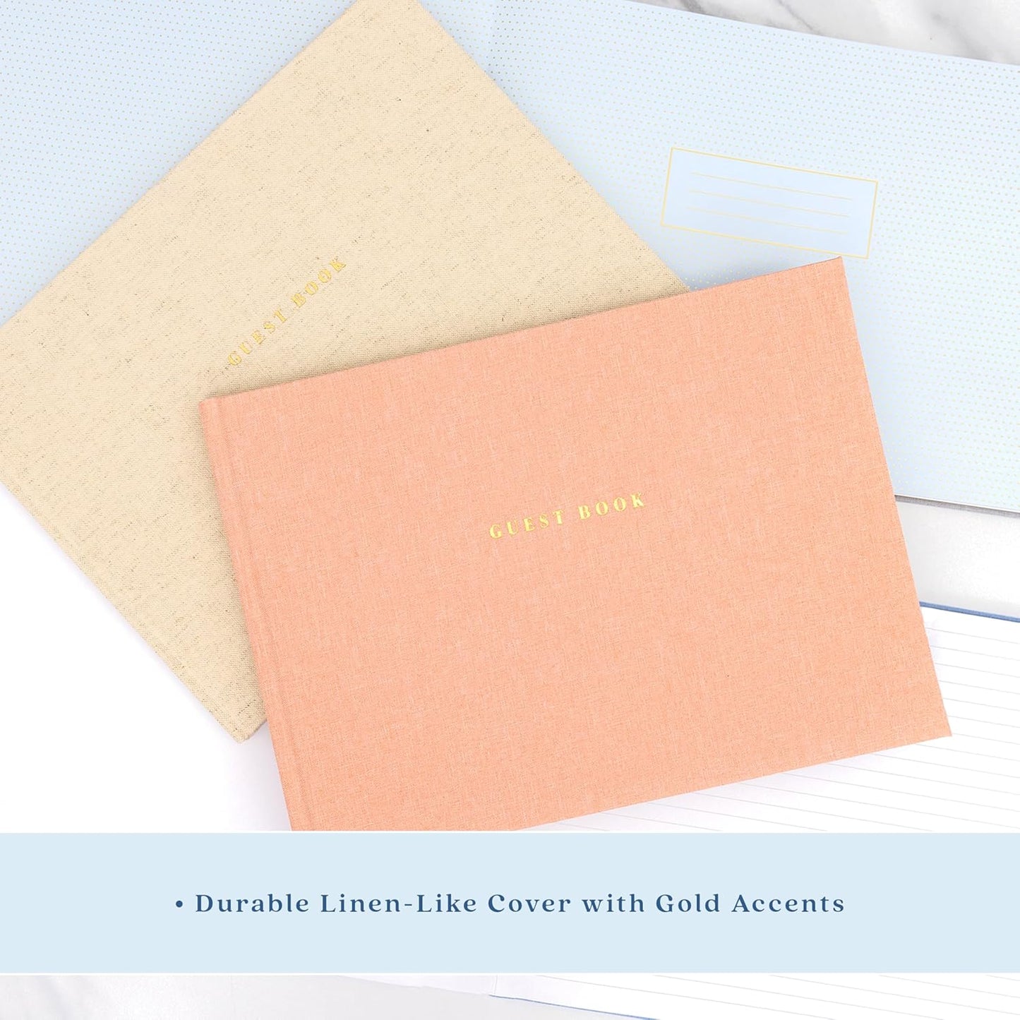 ELYN Linen Guest Book, Sign in Book for Wedding Reception, Birthday, Baby Shower & Events, Matching Gold Gel Pen, Photo Pockets & Table Sign, 80 Pages (Blank & Lined), Large, 11.5 in x 8.5 in (Pink)