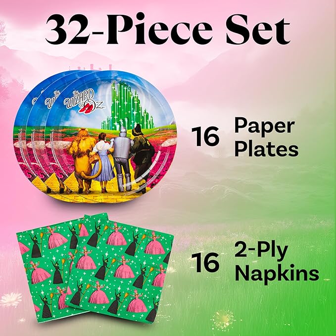 Silver Buffalo The Wizard of Oz Emerald City Featuring Dorthy, Lion, Tin Man, Scarecrow, Wicked Witch of the West Elphaba, and Glinda 32 Pack Partyware Disposable Paper Plates and Napkins