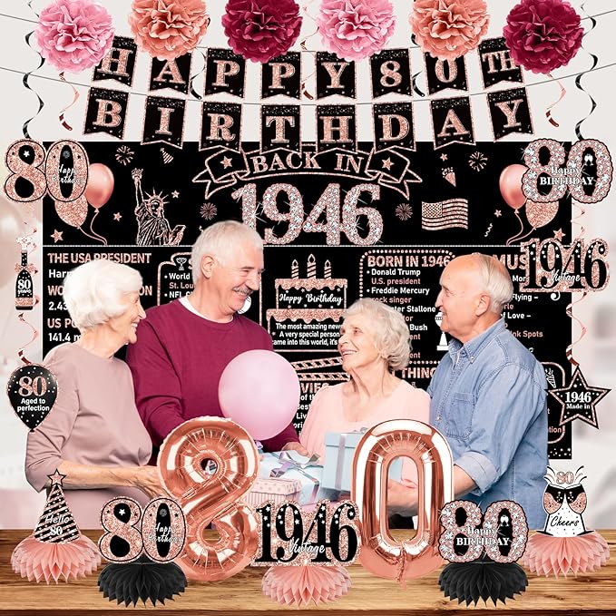 Zirtorei 80th Birthday Decorations for Women, 21pcs the Year 1946 Banner Balloon Party Supplies, Rose Gold 80 Year Old Birthday Backdrop, 80 Bday Honeycomb Centerpiece Hanging Swirls Sash Gifts
