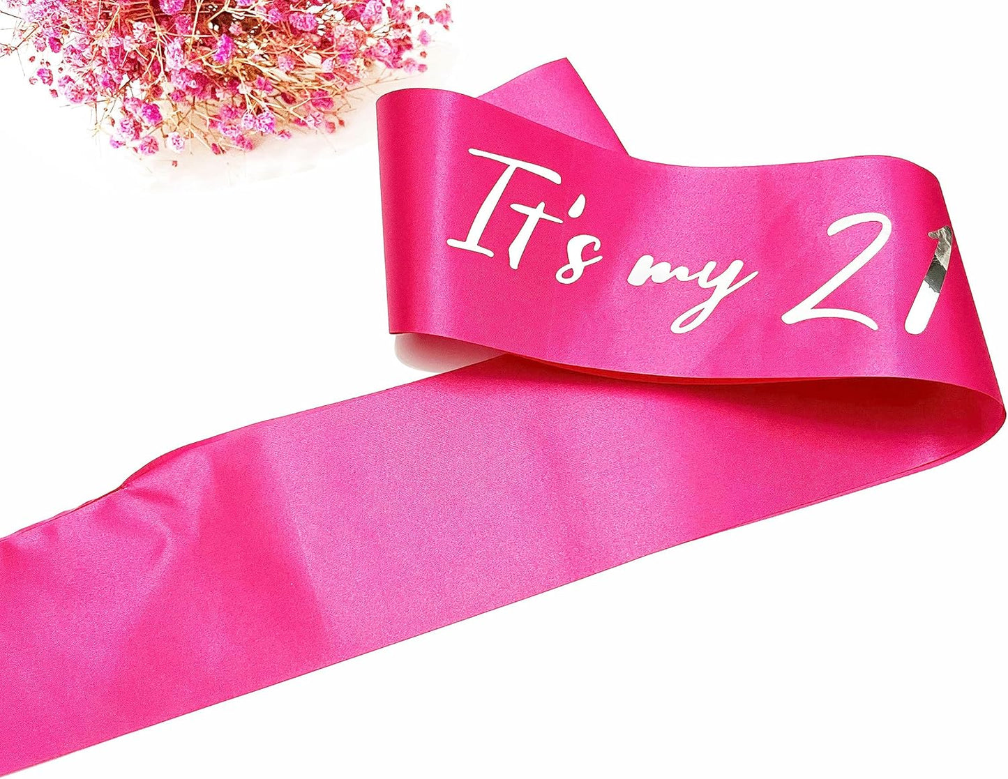 21st Birthday Sash, Hot Pink Satin Soft Sashes with Silver Foil Letter, Birthday Decorations for Girls, Happy 21st Birthday Party Favor Supplies,Pink Silver