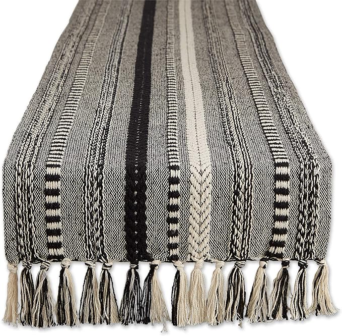DII Farmhouse Braided Stripe Table Runner Collection, 15x72 (15x77, Fringe Included), Black