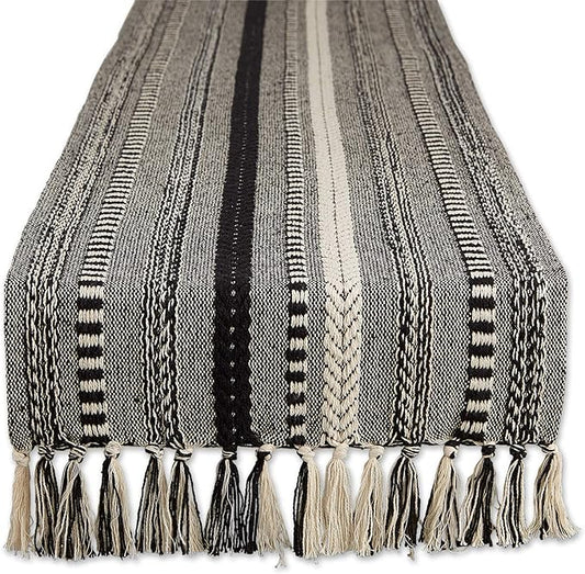 DII Farmhouse Braided Stripe Table Runner Collection, 15x72 (15x77, Fringe Included), Black