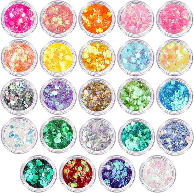 LEOBRO Chunky Glitter, 24 Colors Iridescent Glitter for Crafts, Resin, Sequins for Crafts, Tumblers, Hair Face Body Nail, DIY Party Decorations