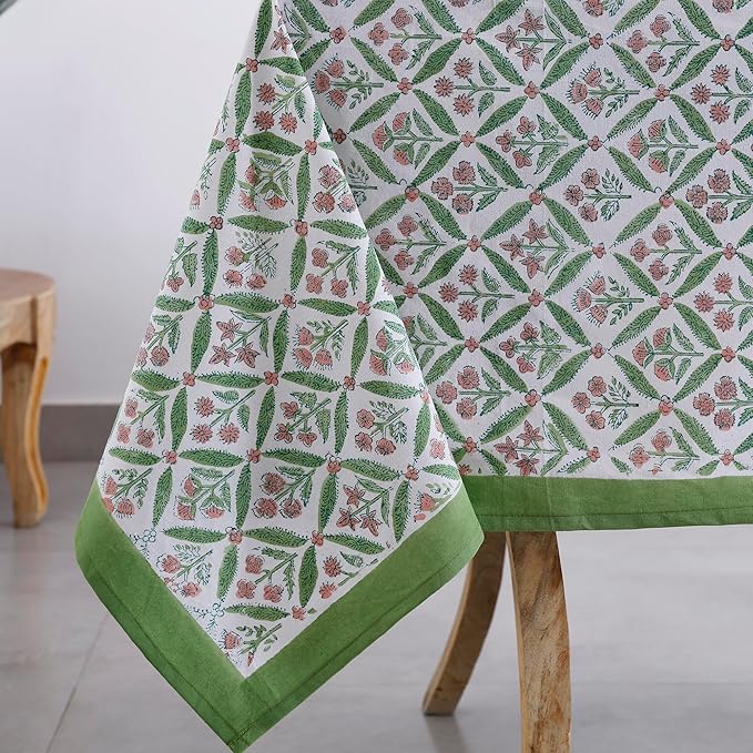 Labhanshi Indian Handblock Print Floral Cotton Table Cloth|Rectangle 60x90 Inch 6-Seater Kitchen Dining Table Cloth|Thanksgiving Wedding Festive Holiday Picnic Party Decorative Table Cover|Green Pink