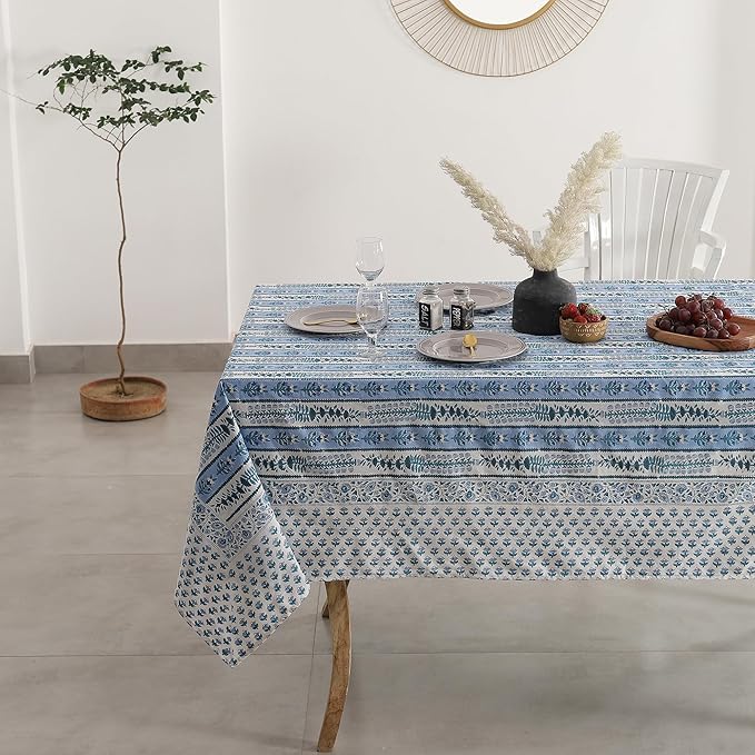 Labhanshi Blue Indian Handblock Print Floral Cotton Rectangle 72x135 Inch 10-Seater Dining Tablecloth|Fade-Resistant Spring Easter Picnic Outdoor Camping Festive Holiday Table Cover|Blue