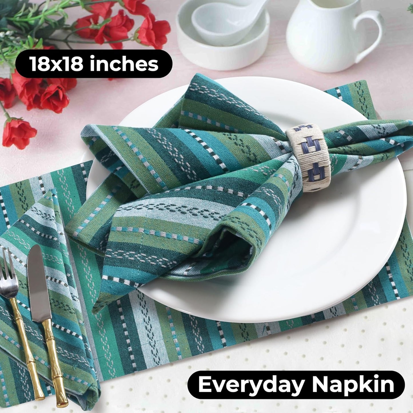 Homidate Cotton Cloth Dinner Napkins Set of 12 – 18x18 Green Multi Salsa Stripe – Durable Machine Washable Fabric Napkins for Weddings, Restaurants, Kitchen & Everyday Dining