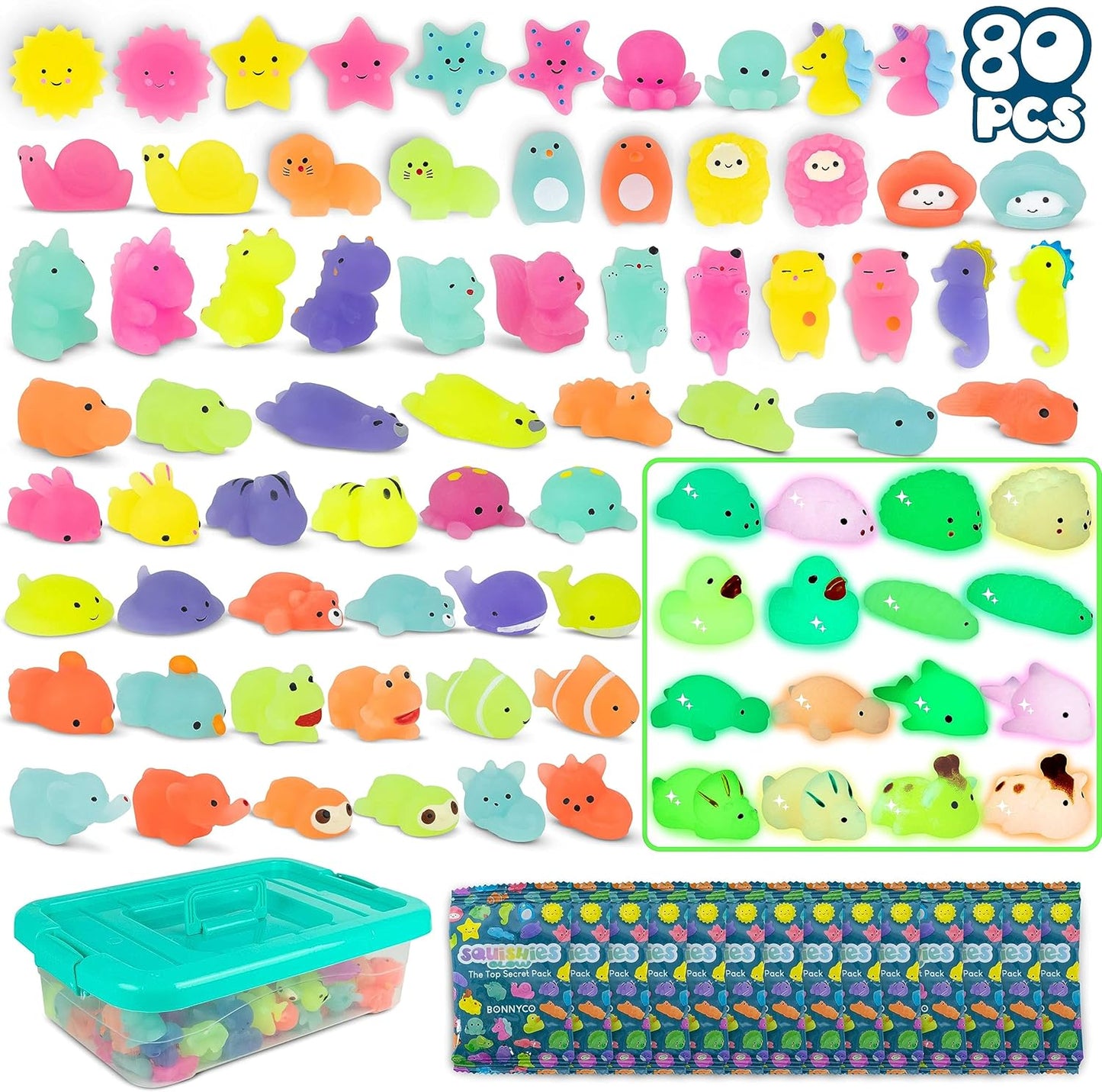 BONNYCO Mochi Squishy Toys Bulk for Kids Party Favors Pack 80. Goodie Bags Stuffers for Kids with Glow in The Dark, Return Gifts Birthday Party. Squishy Fidget Toys, Pinata Stuffers Birthday Kawaii
