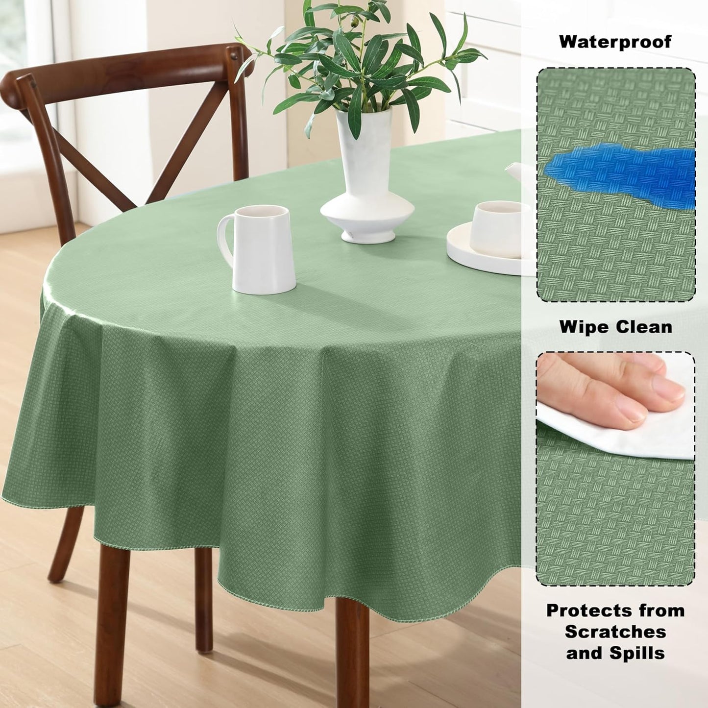Newbridge Basketweave Vinyl Flannel Backed Tablecloth, 60 x 84 Inch Oval, Sage Green, Basket Weave Textured Indoor Outdoor Waterproof Table Cover for Patio, Kitchen, Dining