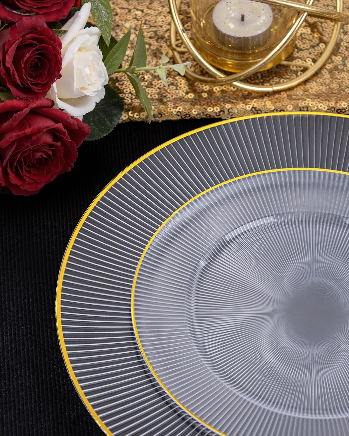 Hioasis 60pcs Clear Gold Plastic Plates - Gold Disposable Dinnerware Set, 30pcs Dinner 10.25in & 30pcs Dessert 7.5in Plates with Striped Designs for Party & Wedding