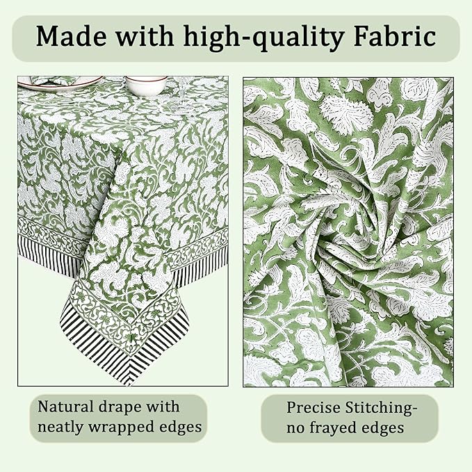 Ridhi Hand Block Print Sage Green Rectangle Cotton Tablecloth 120" x 60" Reusable Table Cover Decorative Everyday Use for Dining, Farmhouse, Home Gift for Spring, Easter, Valentine
