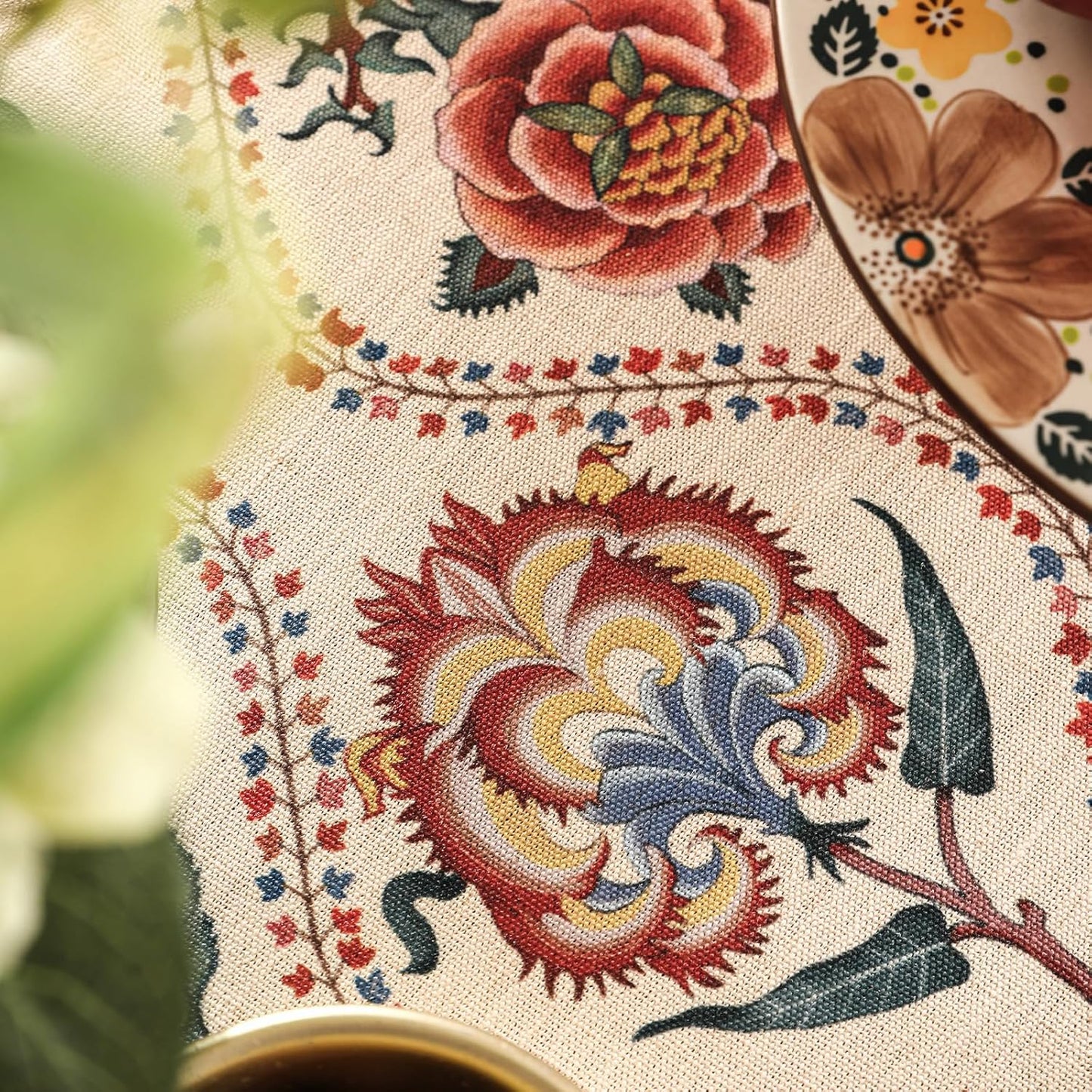 Vintage French Round Tablecloth,Linen Extra Long Tablecloth with Rose and Cornflower Pattern,Decorative Table Cover for Kitchen,Dining,Thanksgiving,Christmas,Party,Diameter 67"-Lanae