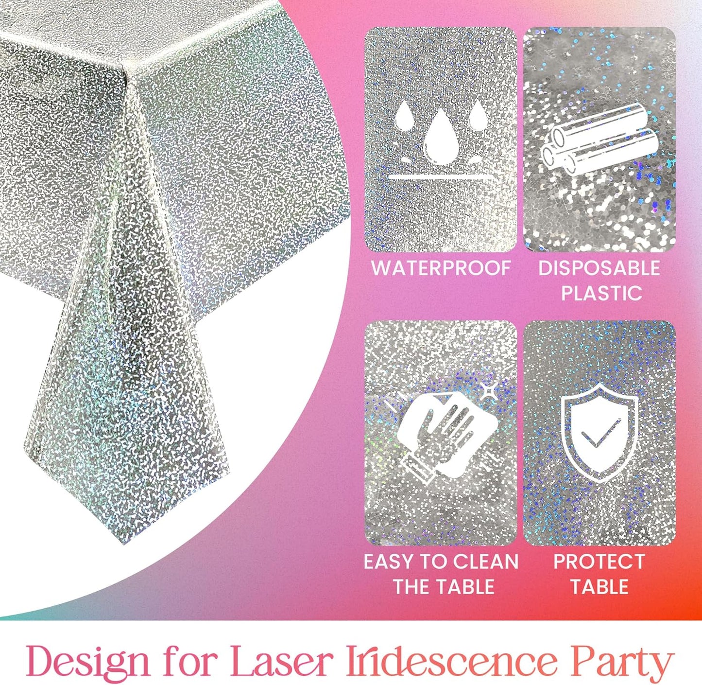 1 pcs Silver Holographic Tablecloths Shiny Disco Laser Table Cloths 40" x 108" Iridescence Plastic White Table Cover for Birthday Party Decoration Wedding Christmas Winter Grad Party Supplies