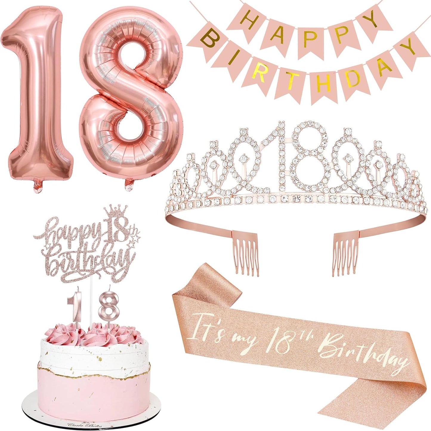 18th Birthday Decorations for Girls, Including 18th Tiara and Sash, Happy Birthday Banner, Cake Toppers, Number Candles and Balloons Set, Rose Gold