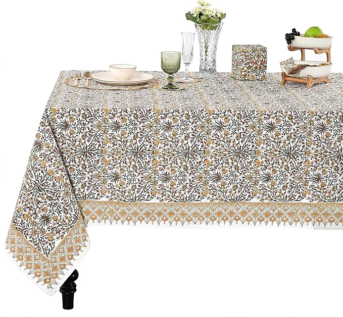 Goldenrod Yellow, Fern Green and Peanut Brown Indian Hand Block Printed 100% Pure Cotton Kitchen Tablecloth Home Decor Table Cloth Dinner Party Gift for Mother's day Her Mom Home Wedding 80x120 Inches