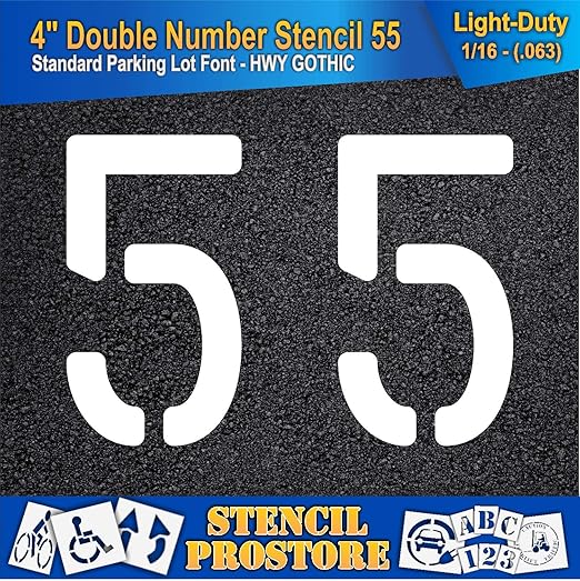 Pavement, Curb, and WheelStop Stencils - 4 inch Double Number Stencil - (55) - 4" x 5.5" x 1/16" (63 mil) - Light-Duty