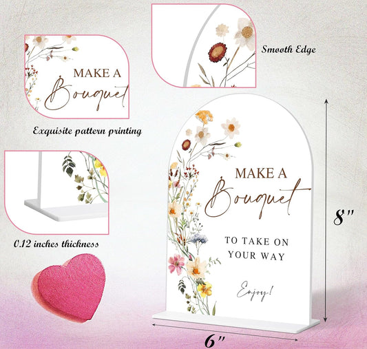 Make A Bouquet Sign, Flower Style Bridal Shower Sign for Wedding, Engagement, Bridal Shower and Reception, Bridal Shower Decorations, Wedding Shower Favors, 6X8 Inch Acrylic Arch Sign with Stand,2