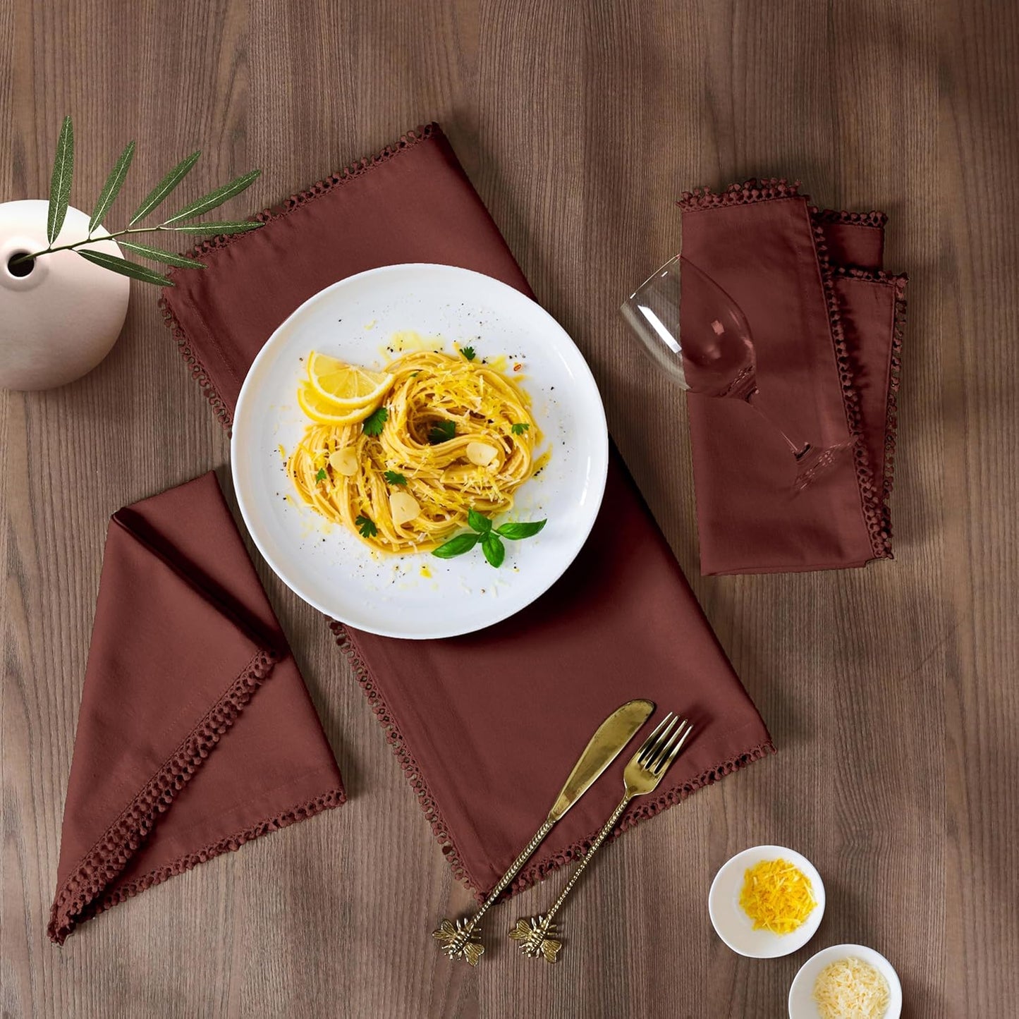 Bedding Craft Cotton Cloth Dinner Napkins Set of 12 – 18x18 Chili Oil with Decorative Lace Selvedge – Reusable Machine Washable Fabric Napkins for Weddings, Baby Showers, Parties & Table Décor