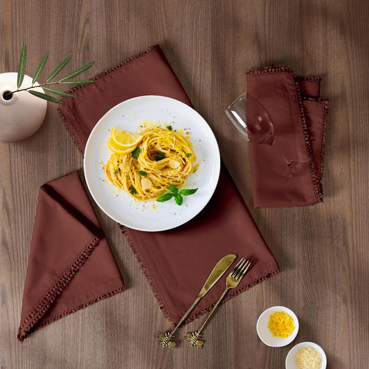Bedding Craft Cotton Cloth Dinner Napkins Set of 12 – 18x18 Chili Oil with Decorative Lace Selvedge – Reusable Machine Washable Fabric Napkins for Weddings, Baby Showers, Parties & Table Décor