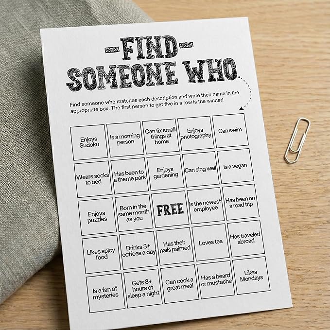 Sahjzk Office Bingo Cards, 25 Unique Randomized 5x7 Sheets, Get to Know You Bingo Game for Adults, Ice Breaker Office Party Games, Team Building Games for Work, High Replay Value - B005