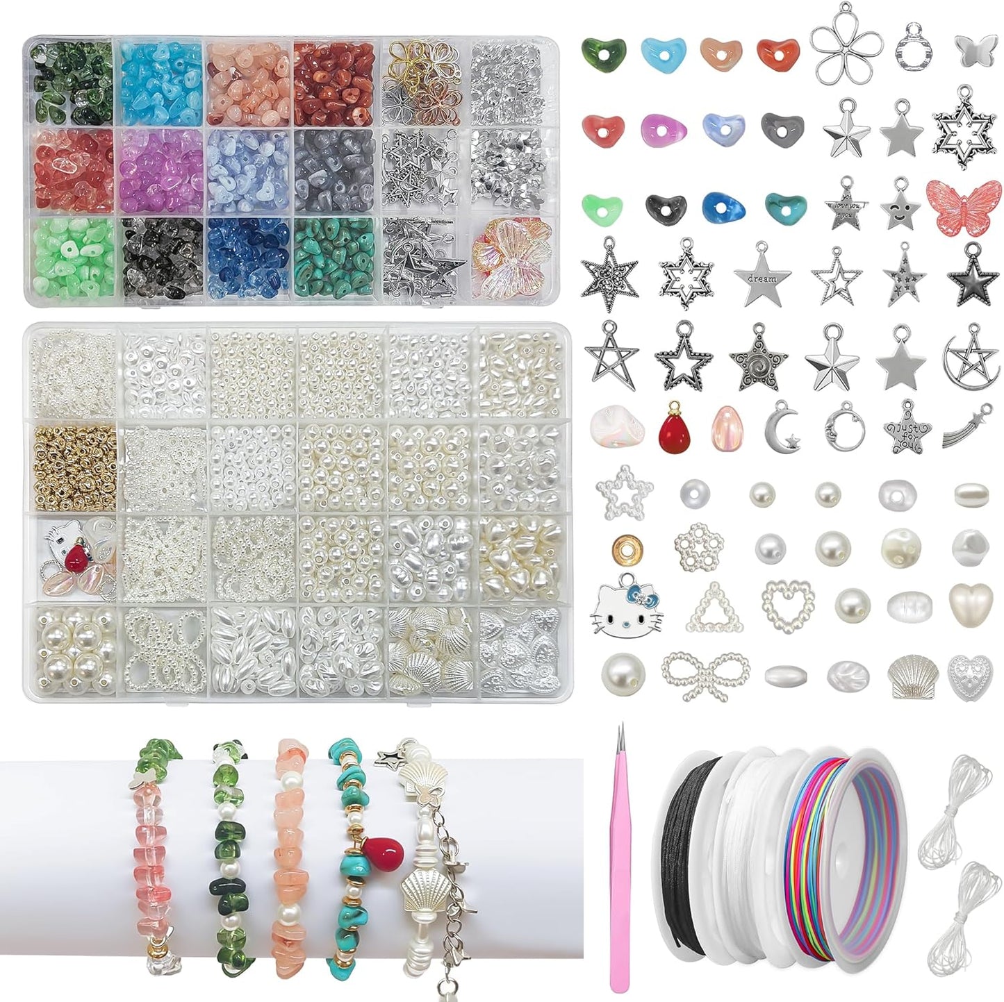Bracelet Making Kit,1500 Pcs Beads Supplies Kits Fake Pearl Bead Crystal Beads Shell Turquoise Golden Beading Kits for Bracelets,Necklace,Ring DIY Crafts with Star Butterfly Bow Pendant for Age 16+