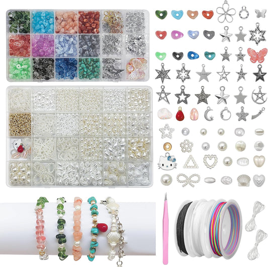 Bracelet Making Kit,1500 Pcs Beads Supplies Kits Fake Pearl Bead Crystal Beads Shell Turquoise Golden Beading Kits for Bracelets,Necklace,Ring DIY Crafts with Star Butterfly Bow Pendant for Age 16+