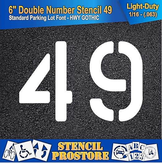 Pavement, Curb, and WheelStop Stencils - 6 inch Double Number Stencil - (49) - 6" x 9" x 1/16" (63 mil) - Light-Duty