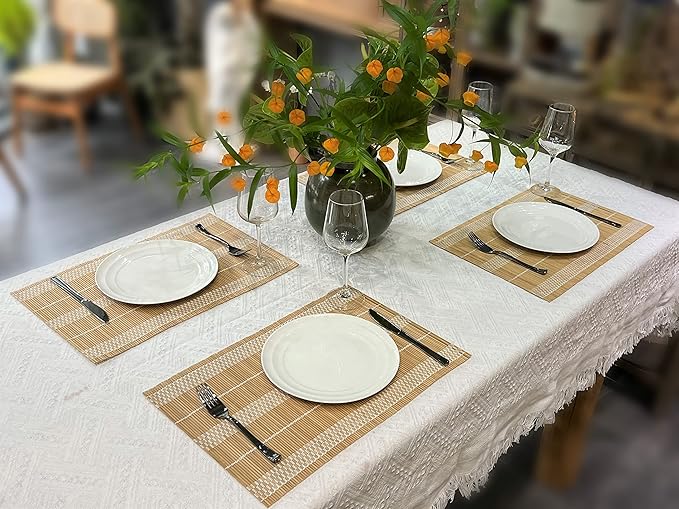 ANDSTAR Bamboo Placemats Set of 8, 17.7x11.8 Inch Brown with White Thread - Non-Slip & Heat Resistant, Easy Clean Woven Table Mats for Dining Room, Kitchen or Home Decor