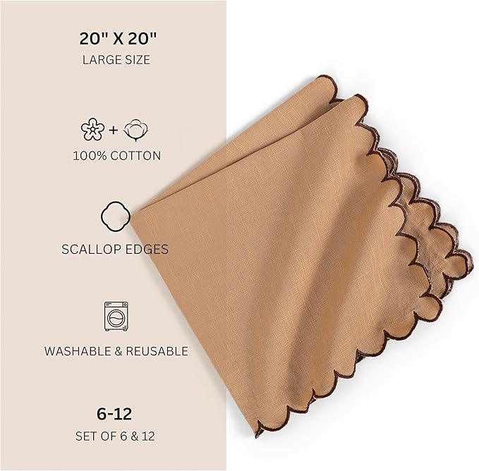 FINGERCRAFT Cloth Napkins, Everyday Use Scallop Design, Premium Quality Natural Cotton Napkin Set of 6 Perfect for Parties Dinners Weddings Easter Napkin Cloth 20x20 inch Brown/Chocolate