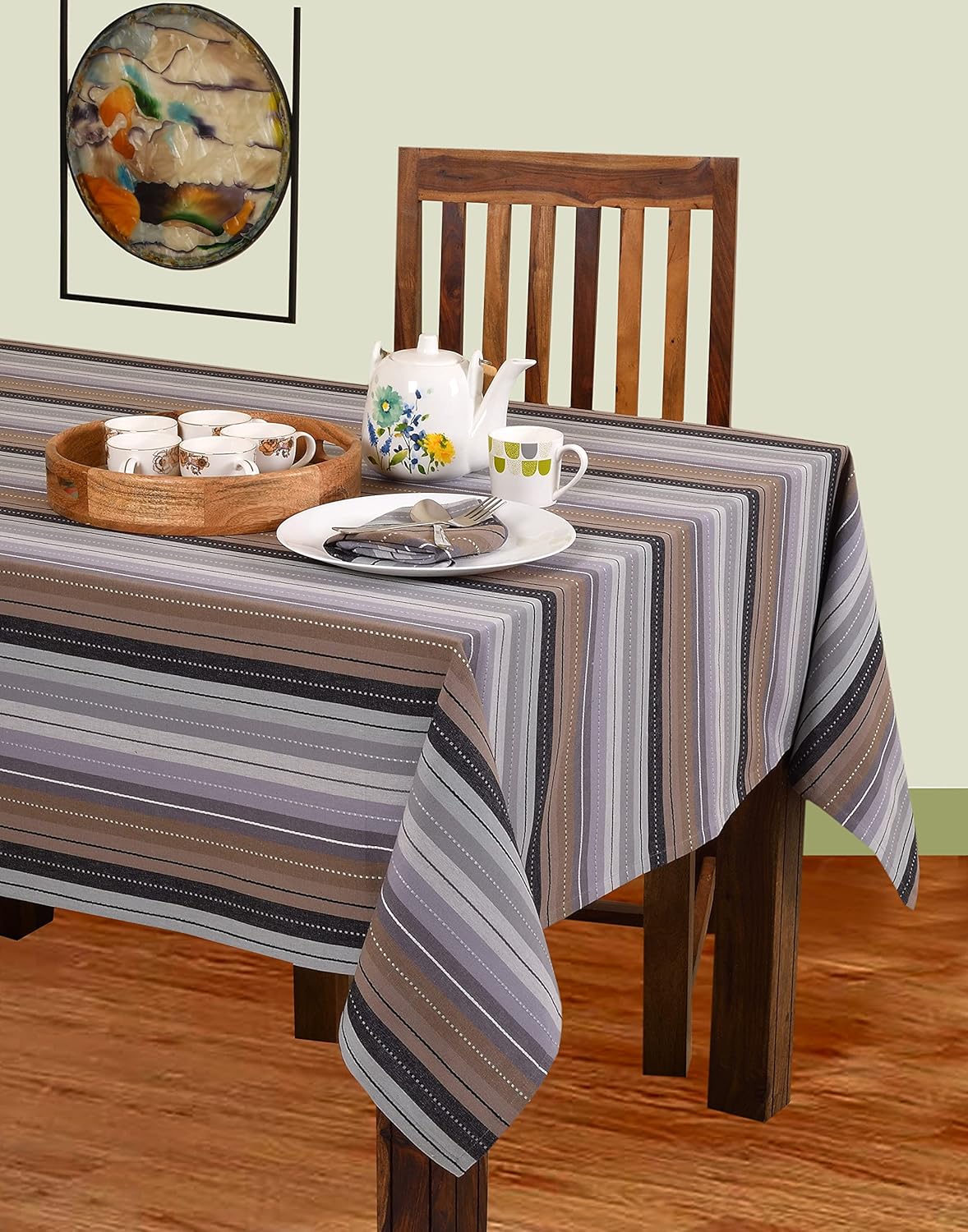 Urban Villa Tablecloth Cuisine Stripes Table Cloth Tabletop Cover Kitchen Dining Tablecloth 100% Cotton Great Parties Wedding Holiday Dinner Grey Multi Rectangle 60X84 Inches 6-8 Seats Table Cloth
