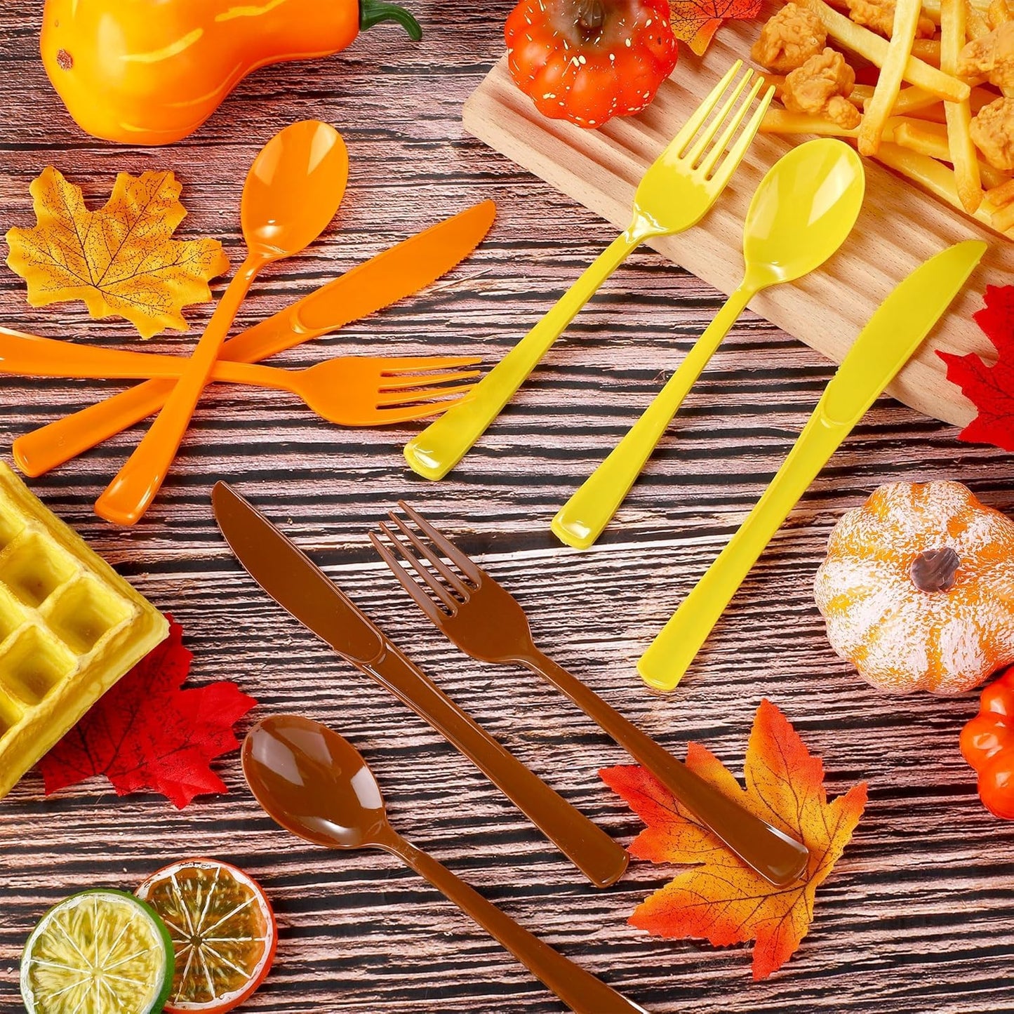 300 Pieces Thanksgiving Plastic Silverware Fall Heavy Duty Utensils Set Heavyweight Disposable Flatware Includes Orange Yellow Brown Spoons Forks Knives for Thanksgiving Dinner Party Supplies