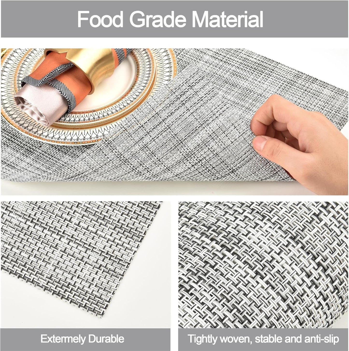 SLKQG Placemats Set of 4 - Easy Clean Washable Vinyl Placemats - Wipeable Heat Resistant Table Mats for Dining Table - 17.7x11.8 Inch (4, Black & White Two-Tone)